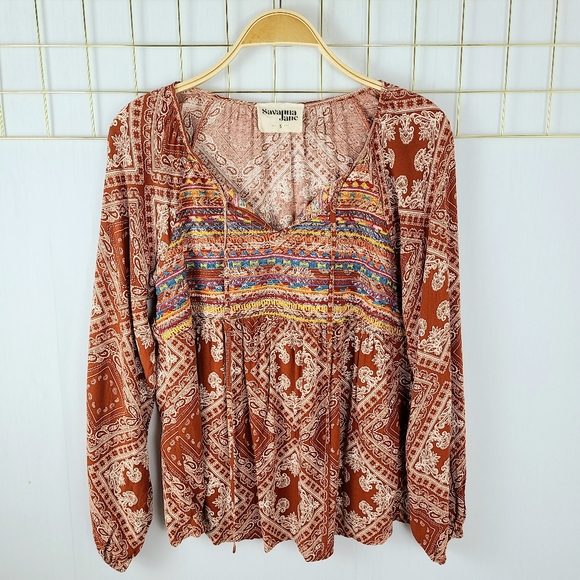 Savanna Jane Red Tan Bandana Embroidery Western Long Sleeve Blouse - Picture 2 of 12